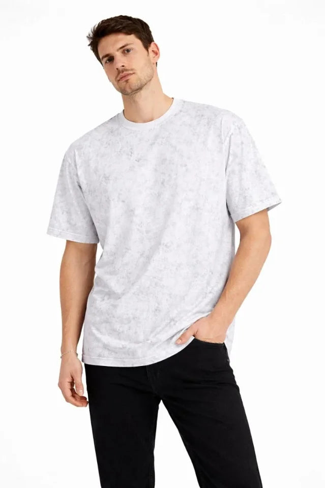 Erkek Asit Yıkama Bisiklet Yaka Kısa Kollu Oversize T-Shirt Tişört - Beyaz (181591)
