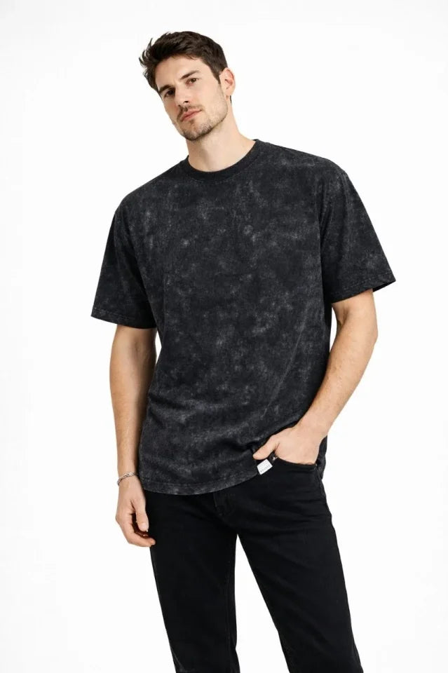 Erkek Asit Yıkama Bisiklet Yaka Kısa Kollu Oversize T-Shirt Tişört - Siyah (181592)