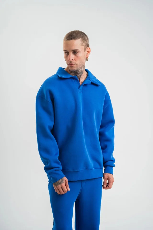 Erkek Patlı Yaka Üç İplik Pamuklu Sweatshirt Double Oversize Rahat Kalıp Günlük Kullanım - Mavi (181792)