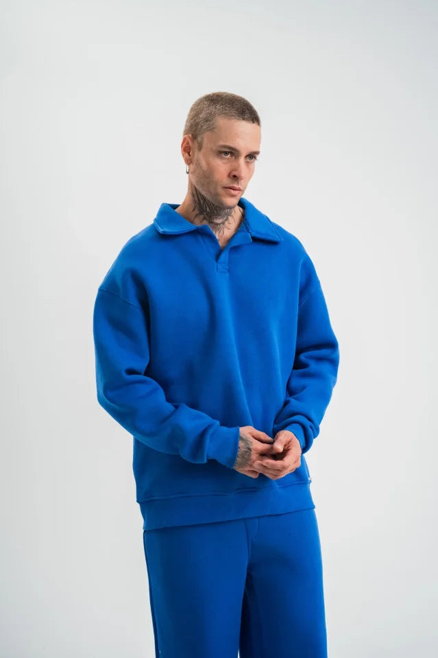 Erkek Patlı Yaka Üç İplik Pamuklu Sweatshirt Double Oversize Rahat Kalıp Günlük Kullanım - Mavi (181792)