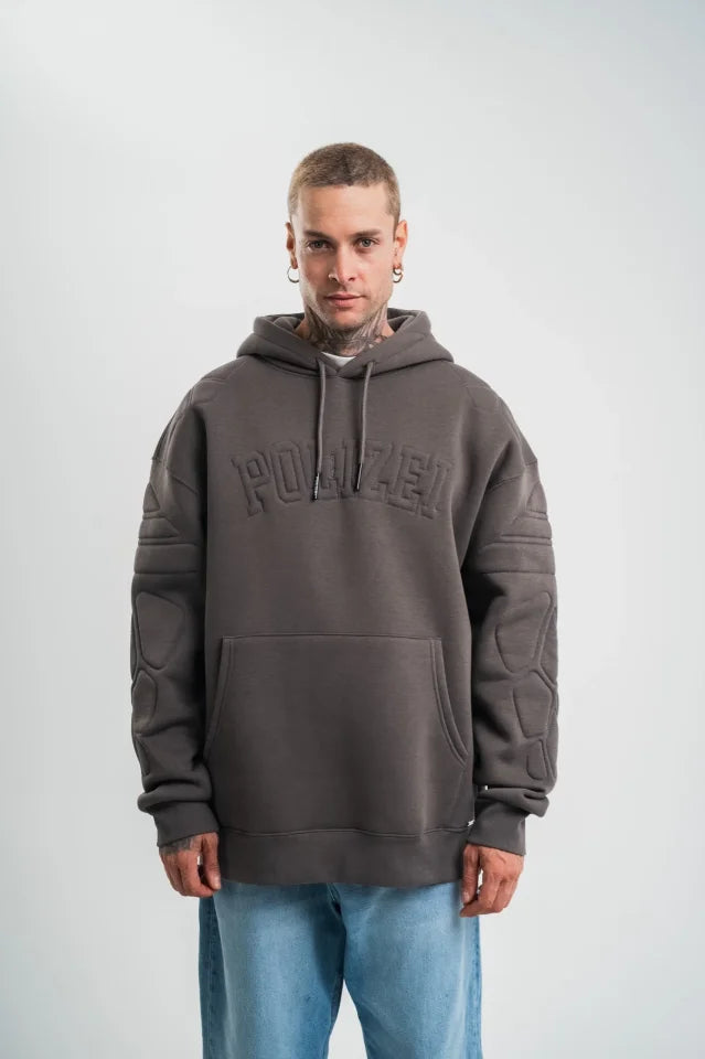 Erkek Nakış İşlemeli Kapşonlu Antrasit Sweatshirt Üç İplik Double Oversize- Füme (181794)