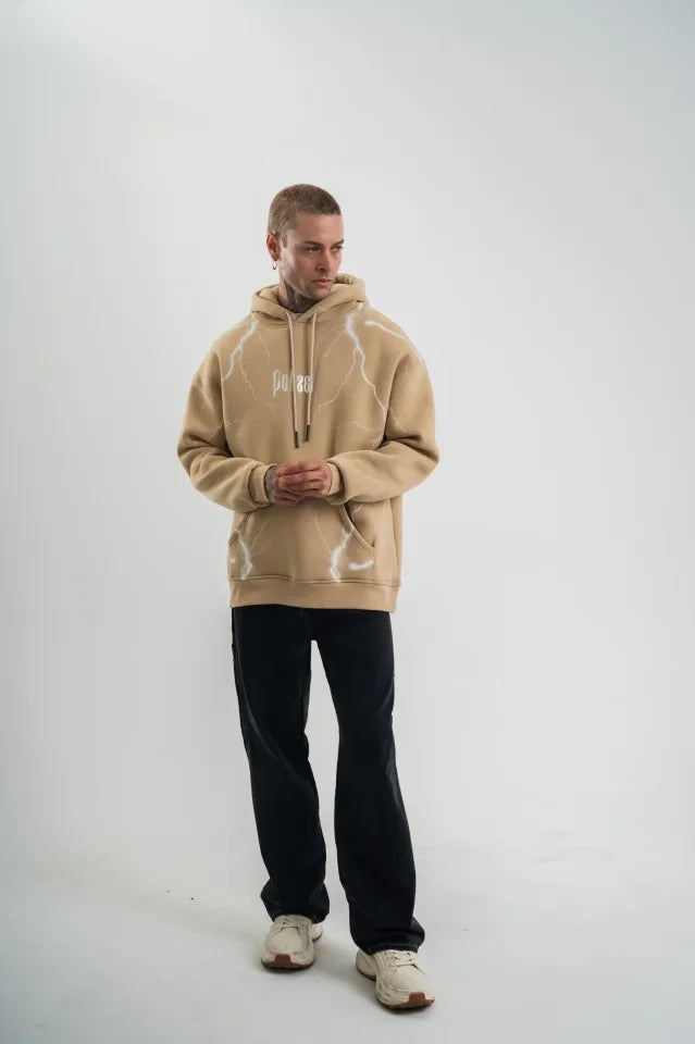 Erkek Şimşek Baskılı Kapşonlu Sweatshirt Üç İplik Pamuklu Kanguru Cepli Double Oversize Hoodie - Bej (181795)