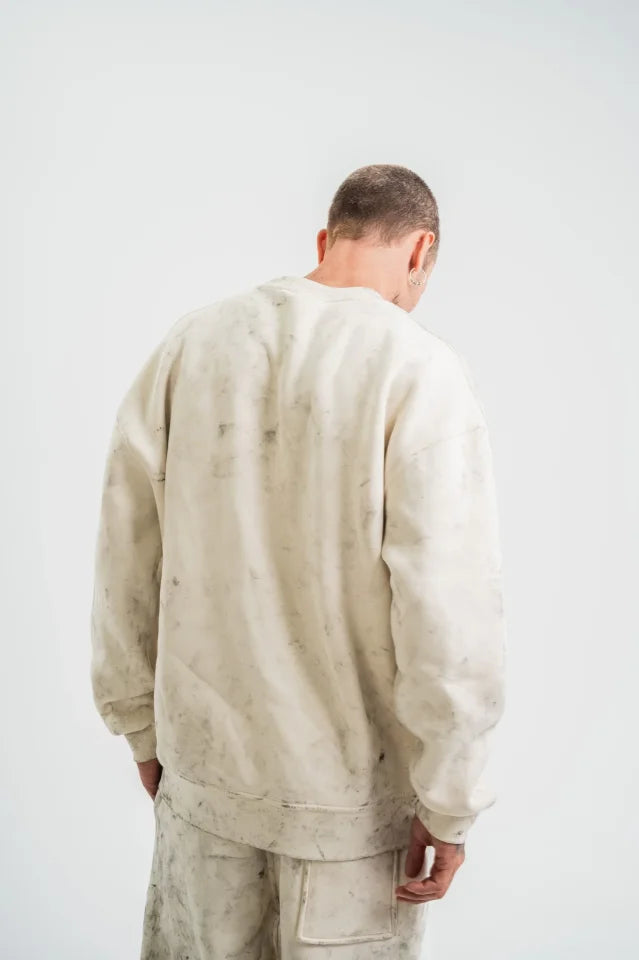 Erkek 3 İplik Pamuklu Yağ Yıkamalı Sweatshirt Double Oversize Bisiklet Yaka Uzun Kol - Krem (181799)