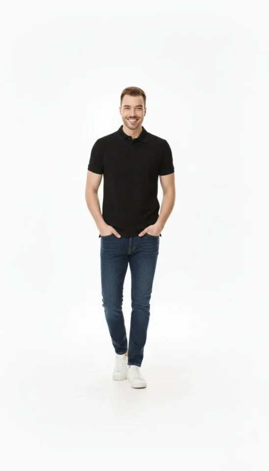Erkek Pike Kumaş Düğmeli Yaka Regular Fit Günlük Kısa Kol Tişört T-shirt - Siyah (181977)