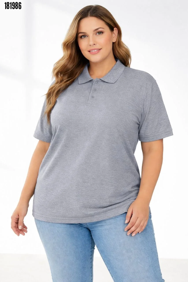 Pike Kumaş Düğmeli Yaka Battal Büyük Beden Günlük Kısa kol Tişört Tshirt Gri