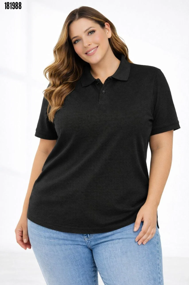 Pike Kumaş Düğmeli Yaka Battal Büyük Beden Günlük Kısa kol Tişört Tshirt Siyah