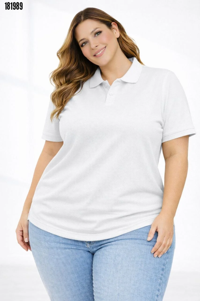 Pike Kumaş Düğmeli Yaka Battal Büyük Beden Günlük Kısa kol Tişört Tshirt Beyaz
