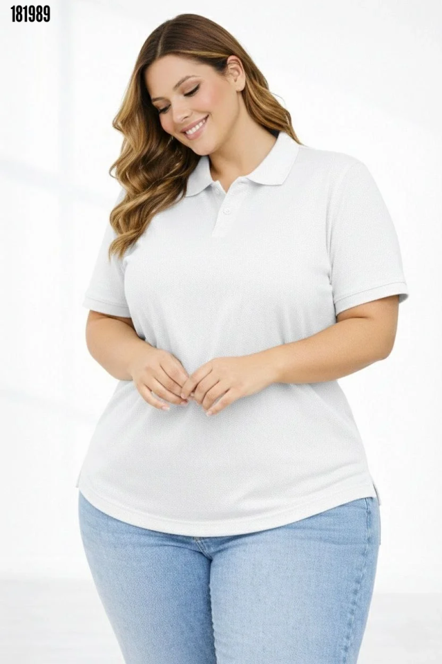 Pike Kumaş Düğmeli Yaka Battal Büyük Beden Günlük Kısa kol Tişört Tshirt Beyaz