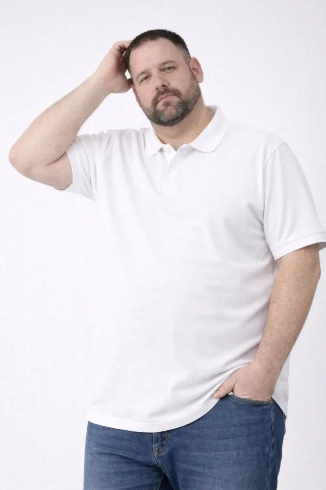 Erkek Pike Kumaş Düğmeli Yaka Battal Büyük Beden Günlük Kısa Kol Tişört T-shirt - Beyaz (181993)