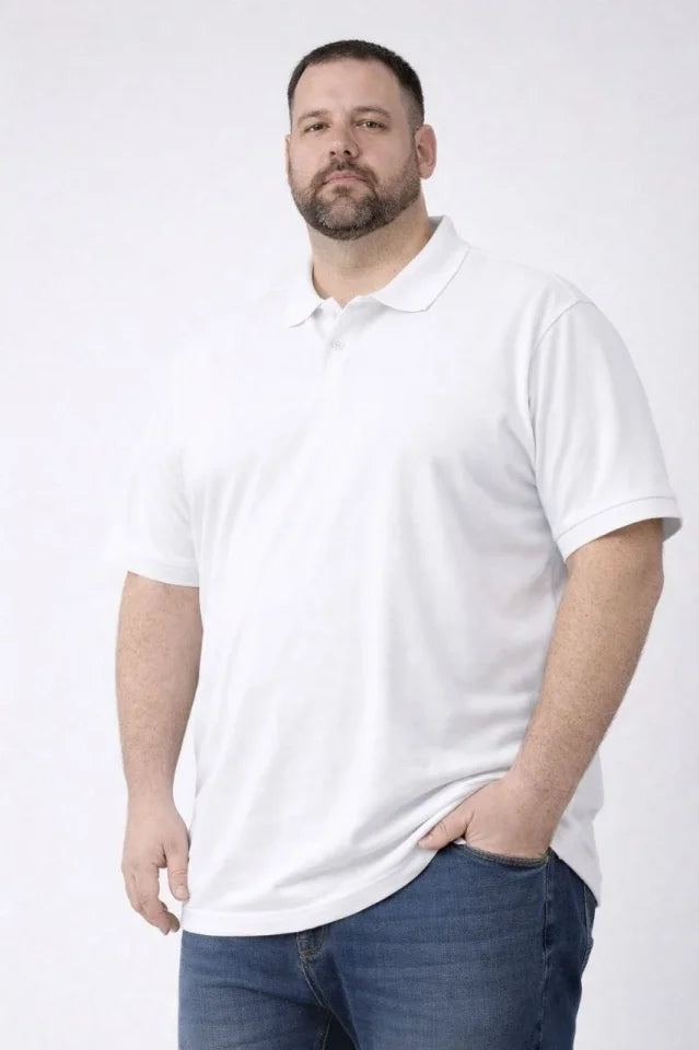Erkek Pike Kumaş Düğmeli Yaka Battal Büyük Beden Günlük Kısa Kol Tişört T-shirt - Beyaz (181993)