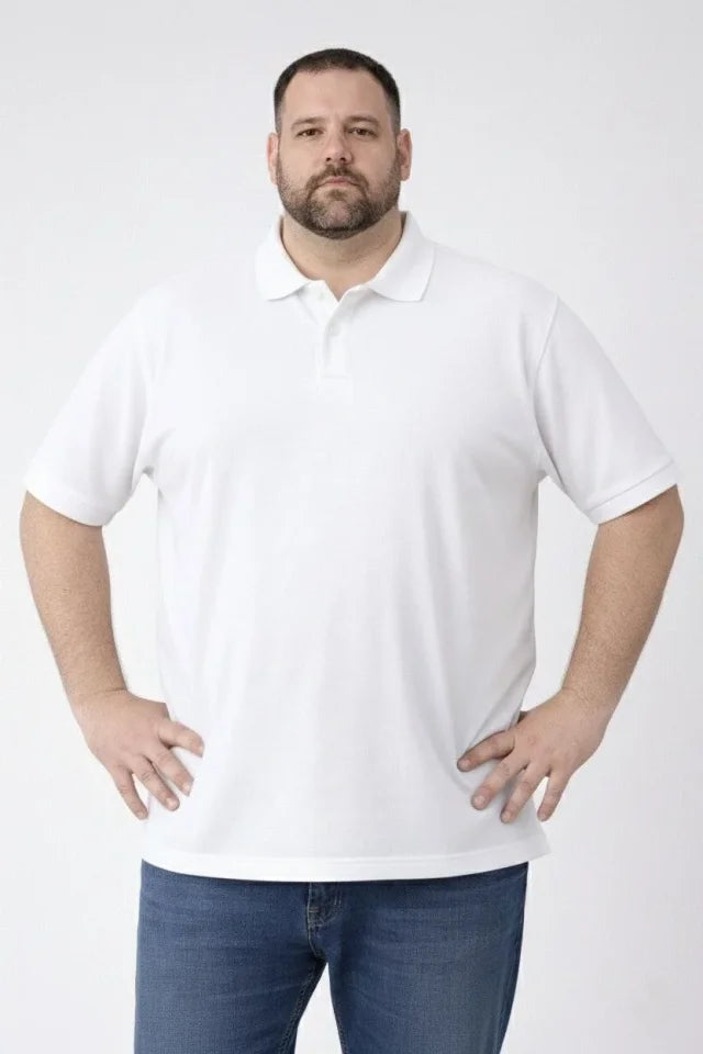Erkek Pike Kumaş Düğmeli Yaka Battal Büyük Beden Günlük Kısa Kol Tişört T-shirt - Beyaz (181993)