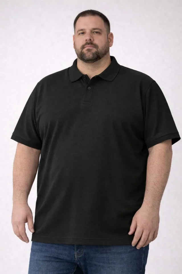 Erkek Pike Kumaş Düğmeli Yaka Battal Büyük Beden Günlük Kısa Kol Tişört T-shirt - Siyah (181994)