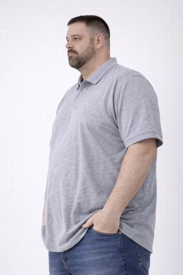 Erkek Pike Kumaş Düğmeli Yaka Battal Büyük Beden Günlük Kısa Kol Tişört T-shirt - Gri (181995)