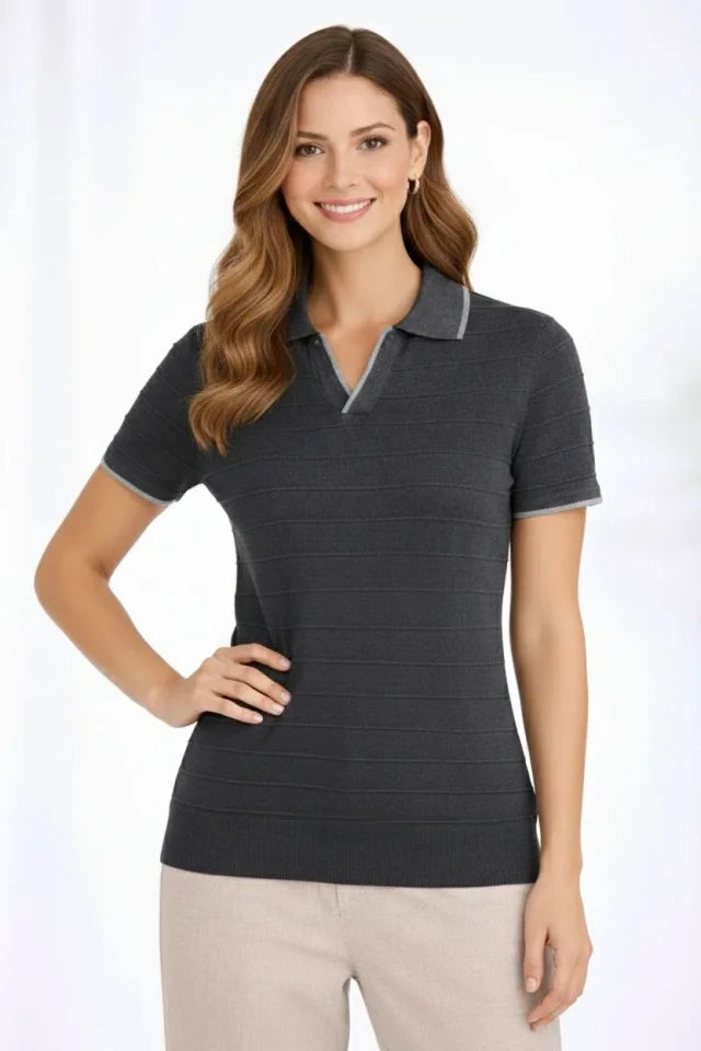 Triko Kumaş Yakalı Düğmesiz Açık Yaka Fitilli Kısa Kollu Regular Fit Tişört T-shirt - Siyah (182405)