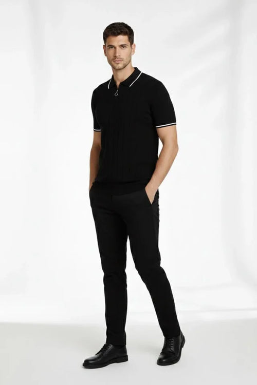 Erkek Fermuarlı Yaka Fitilli Triko Kısa Kollu Regular Fit Tişört T-shirt - Siyah (182422)