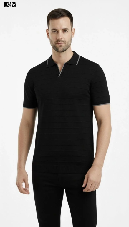 Erkek Triko Kumaş Yakalı Düğmesiz Açık Yaka Fitilli Kısa Kollu Regular Fit Tişört Tshirt Siyah