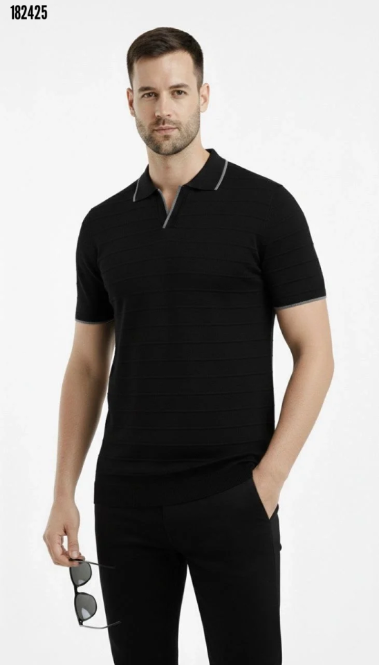 Erkek Triko Kumaş Yakalı Düğmesiz Açık Yaka Fitilli Kısa Kollu Regular Fit Tişört Tshirt Siyah
