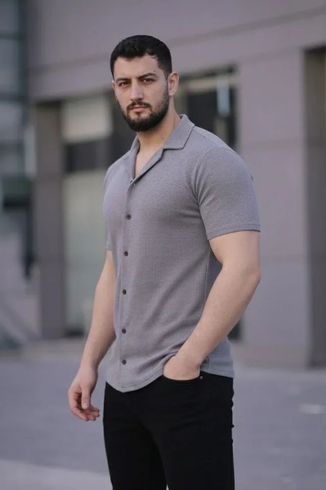 Erkek Waffle Kumaş Kısa Kollu Düğmeli Açık Yaka Regular Fit Gömlek - Gri (182573)