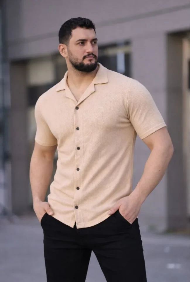 Erkek Waffle Kumaş Kısa Kollu Düğmeli Açık Yaka Regular Fit Gömlek - Bej (182579)