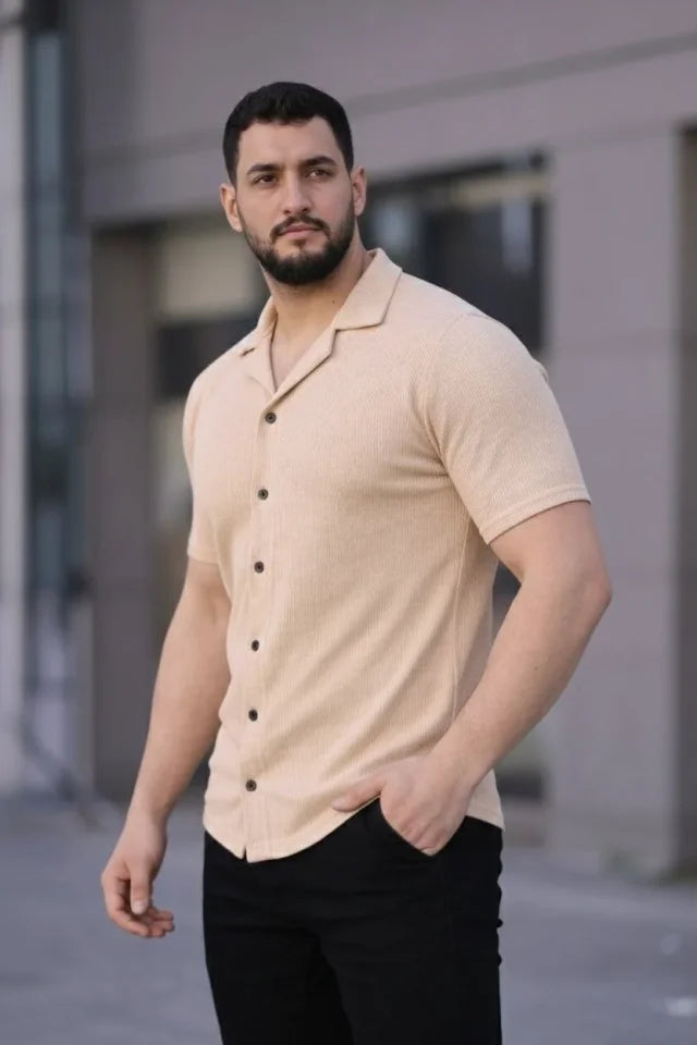 Erkek Waffle Kumaş Kısa Kollu Düğmeli Açık Yaka Regular Fit Gömlek - Bej (182579)