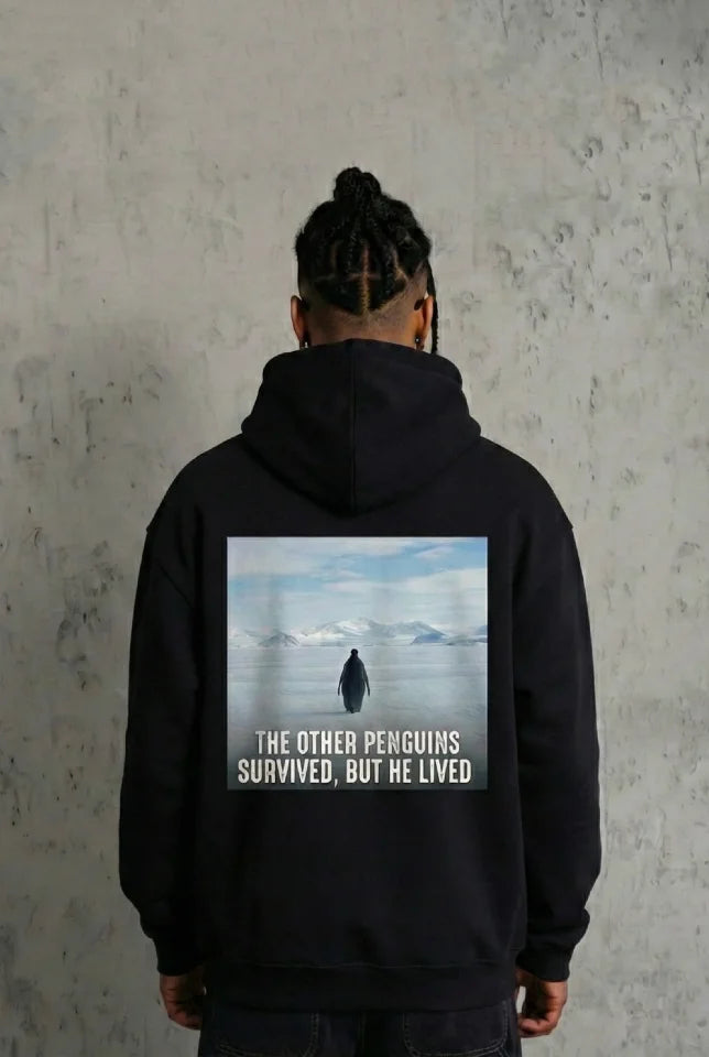 Siyah Oversize Hoodie - Sırt Baskılı Survivor Penguin Temalı, Felsefi Yazılı Kapüşonlu Sweatshirt - Siyah (182650)