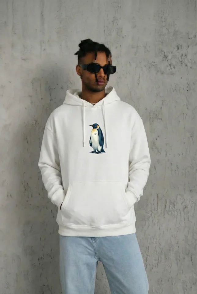 Siyah Oversize Hoodie - Sırt Baskılı Survivor Penguin Temalı, Felsefi Yazılı Kapüşonlu Sweatshirt - Beyaz (182651)