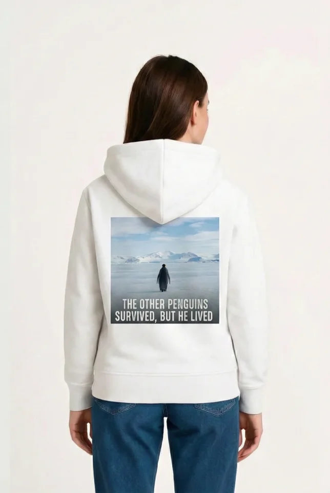 Oversize Hoodie - Sırt Baskılı Survivor Penguin Temalı, Felsefi Yazılı Kapüşonlu Sweatshirt - Beyaz (182698)