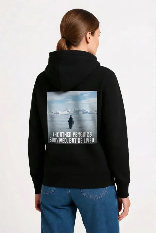 Oversize Hoodie - Sırt Baskılı Survivor Penguin Temalı, Felsefi Yazılı Kapüşonlu Sweatshirt - Siyah (182699)