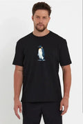 Erkek Oversize Tişört - Sırt Baskılı Survivor Penguin Temalı, Felsefi Yazılı Bisiklet Yaka Tişört - Siyah (182700)
