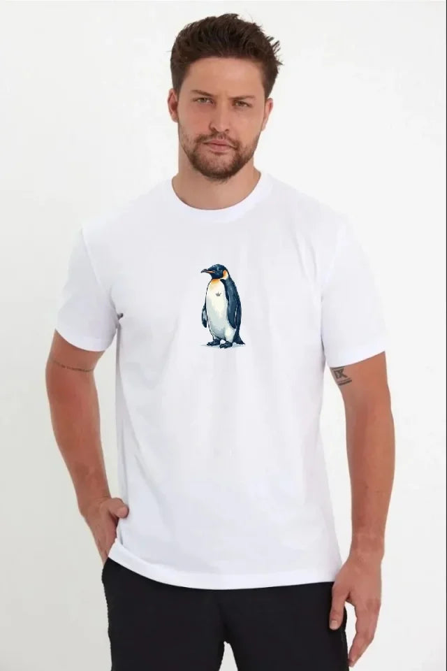 Erkek Oversize Tişört - Sırt Baskılı Survivor Penguin Temalı, Felsefi Yazılı Bisiklet Yaka Tişört - Beyaz (182701)