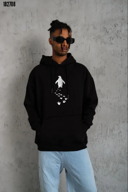 Erkek Nihilist Penguen Temalı Oversize Kapüşonlu Sweatshirt Siyah