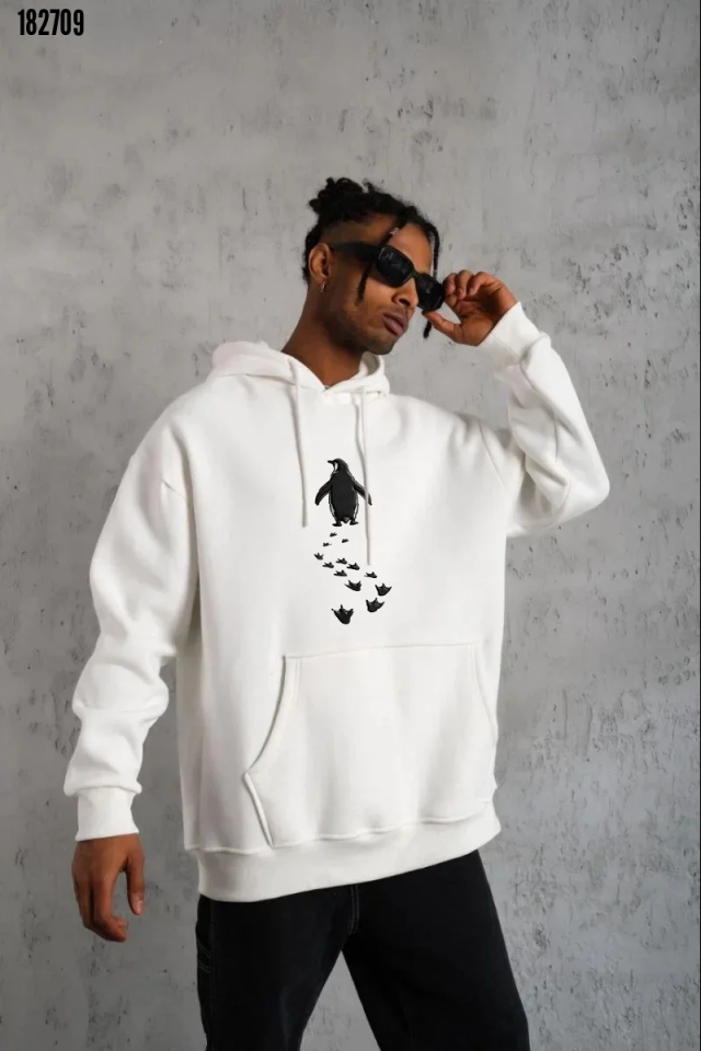 Erkek Nihilist Penguen Temalı Sweatshirt Beyaz