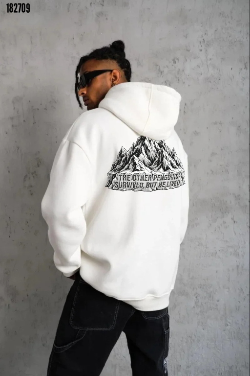 Erkek Nihilist Penguen Temalı Oversize Kapüşonlu Sweatshirt Beyaz