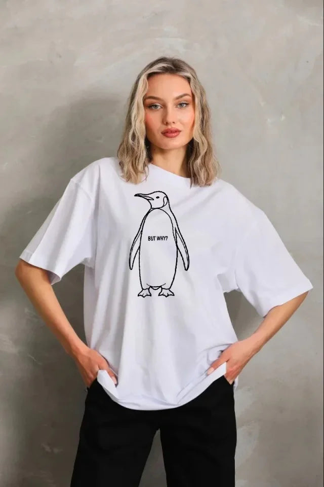 Nihilist Penguen Özel Tasarım Oversize Bisiklet Yaka Tişört - Beyaz (182738)