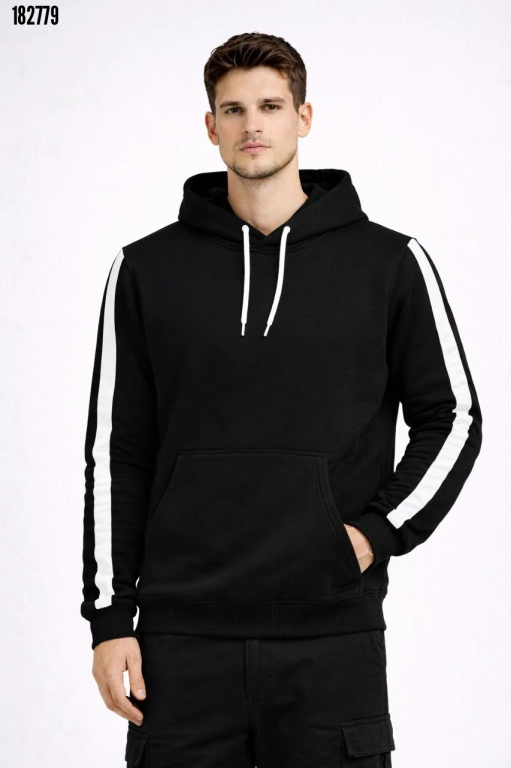 Erkek Şeritli Kapüşonlu Sweatshirt Oversize 3 İplik Pamuklu Siyah