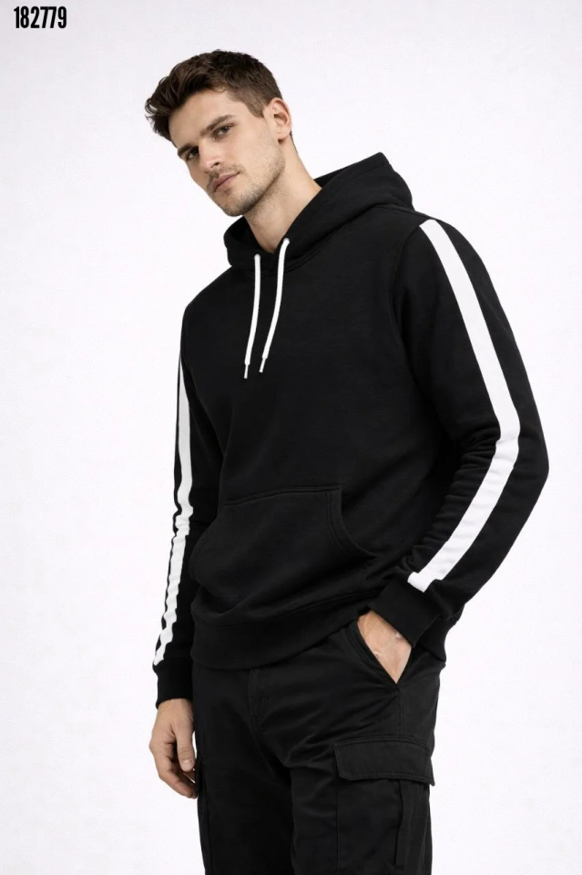Erkek Şeritli Kapüşonlu Sweatshirt Oversize 3 İplik Pamuklu Siyah