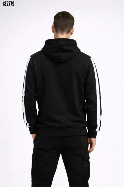 Erkek Şeritli Kapüşonlu Sweatshirt Oversize 3 İplik Pamuklu Siyah