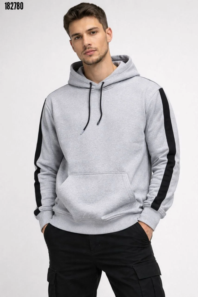 Erkek Şeritli Kapüşonlu Sweatshirt Beyaz