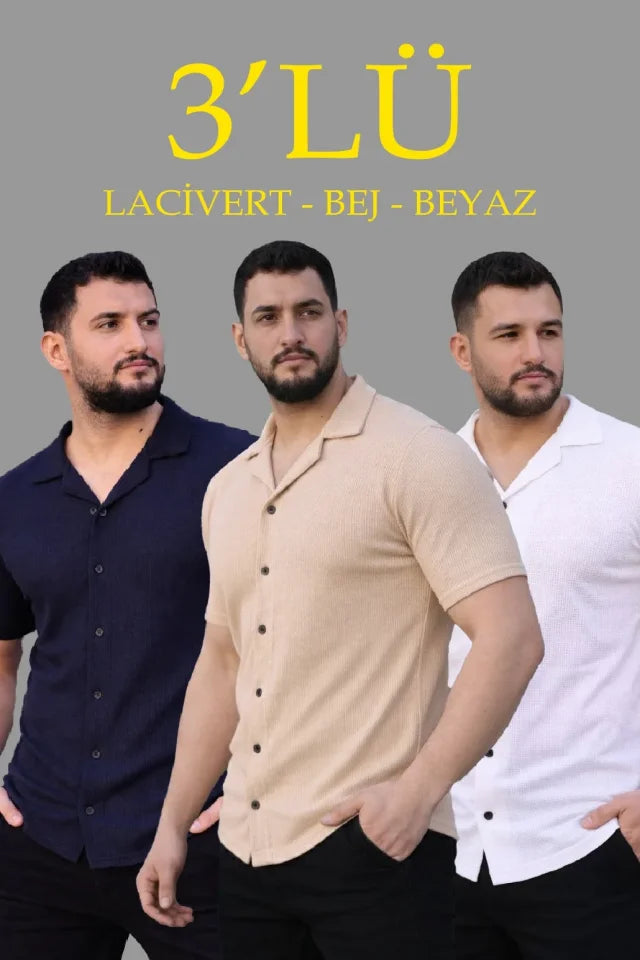 Erkek Waffle Dokuma Açık Yakalı Düğmeli Regular Kalıp 3’lü Gömlek Seti - Bej, Beyaz, Lacivert (182854)