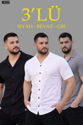 Erkek Waffle Dokuma Açık Yakalı Düğmeli Regular Kalıp 3lü Gömlek Seti Siyah Beyaz Gri