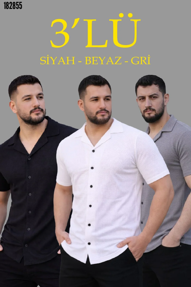 Erkek Waffle Dokuma Açık Yakalı Düğmeli Regular Kalıp 3lü Gömlek Seti Siyah Beyaz Gri