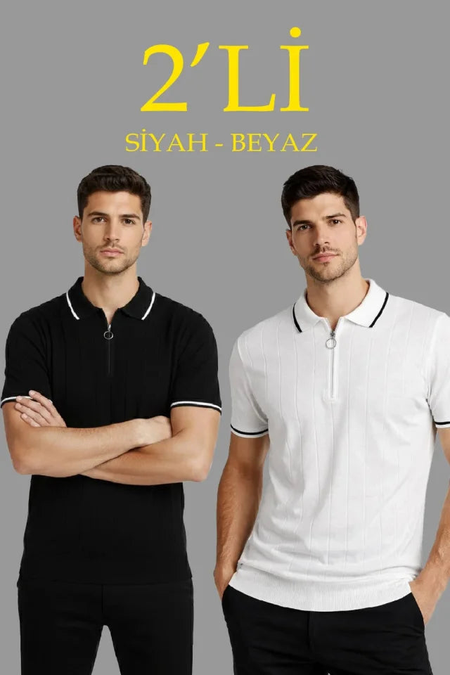Erkek 2’li Paket Dokuma Triko  Fermuarlı Yakalı Fitilli Kısa Kollu Regular Fit Tişört - Beyaz - Siyah (182900)