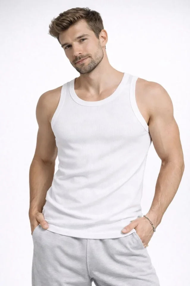 Erkek Fitilli Atlet Sıfır Yaka Slim Fit Arka Baskılı Spor Atlet - Beyaz (182976)