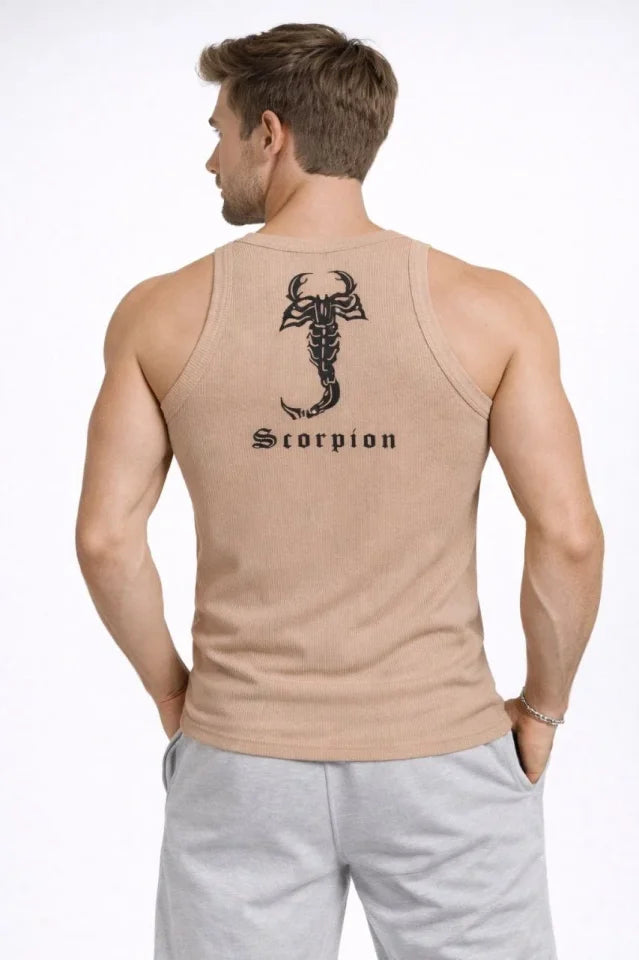 Erkek Fitilli Atlet Sıfır Yaka Slim Fit Arka Baskılı Spor Atlet - Bej (182977)