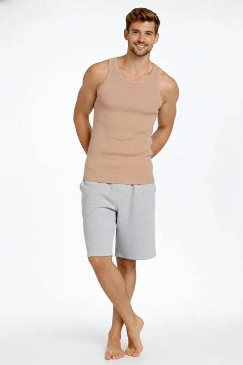 Erkek Fitilli Atlet Sıfır Yaka Slim Fit Arka Baskılı Spor Atlet - Bej (182977)