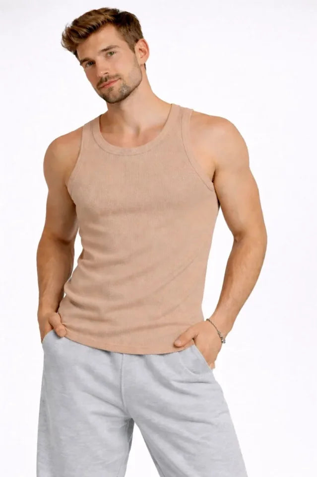 Erkek Fitilli Atlet Sıfır Yaka Slim Fit Arka Baskılı Spor Atlet - Bej (182977)