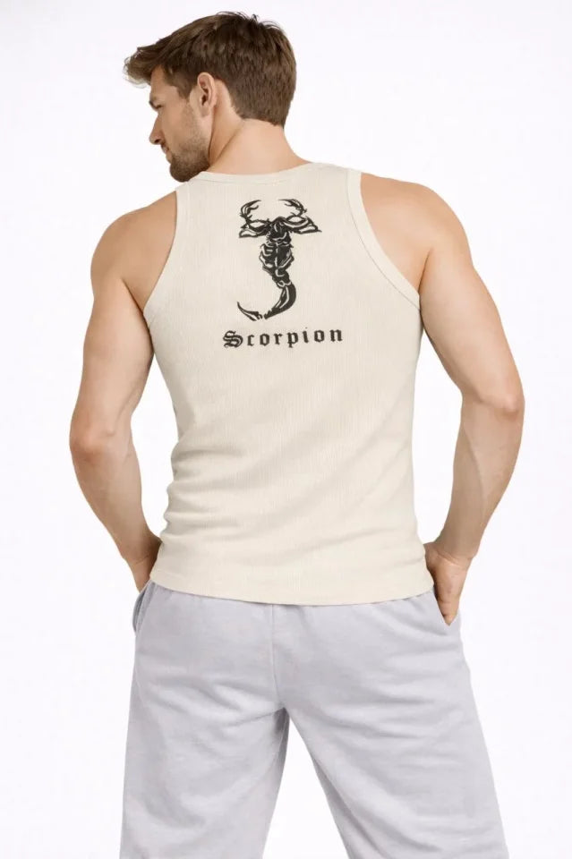 Erkek Fitilli Atlet Sıfır Yaka Slim Fit Arka Baskılı Spor Atlet - Krem (182979)