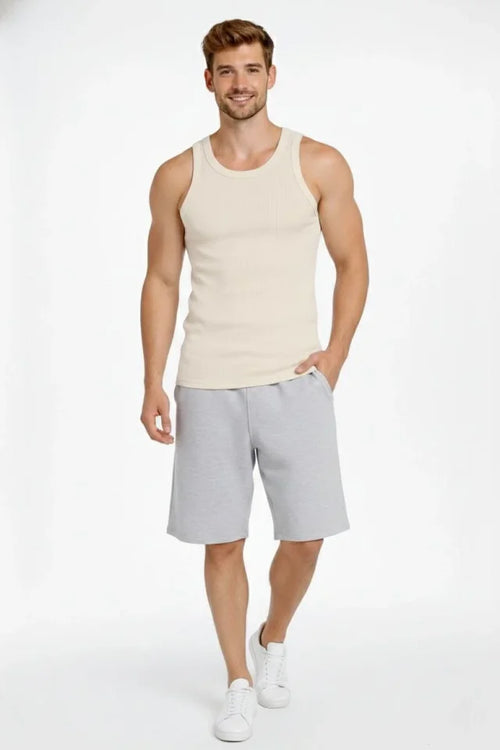 Erkek Fitilli Atlet Sıfır Yaka Slim Fit Arka Baskılı Spor Atlet - Krem (182979)