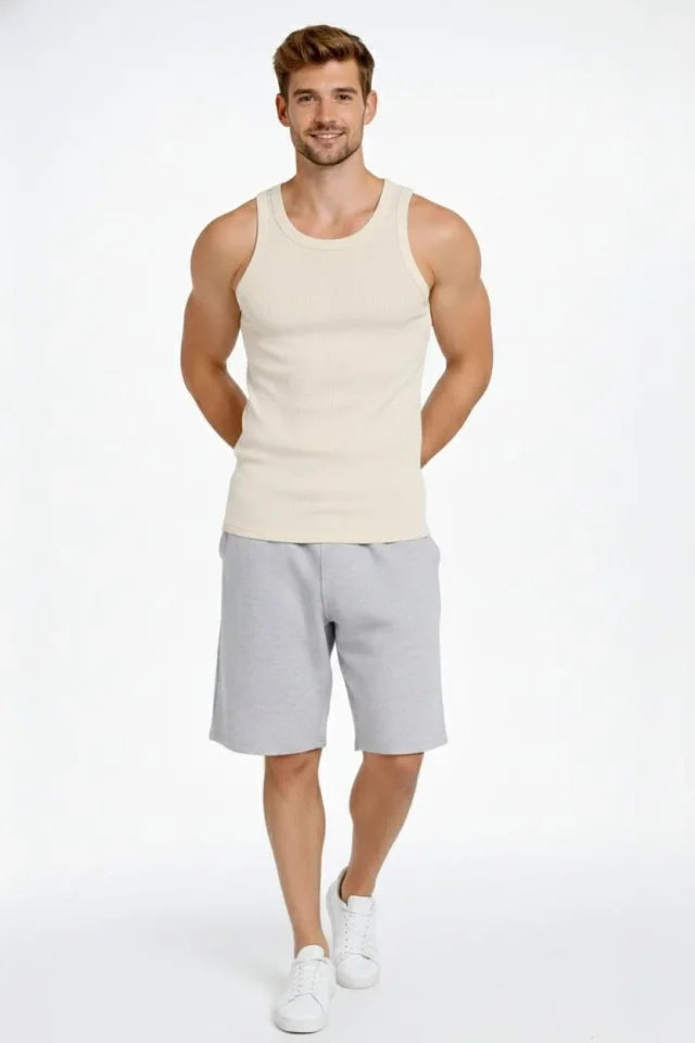 Erkek Fitilli Atlet Sıfır Yaka Slim Fit Arka Baskılı Spor Atlet - Krem (182979)