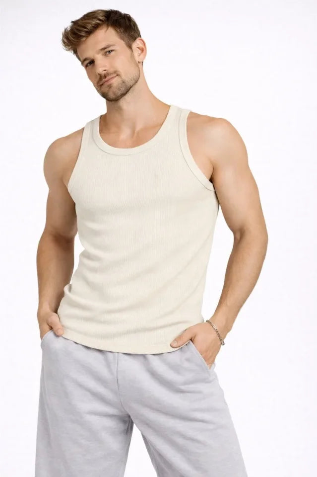 Erkek Fitilli Atlet Sıfır Yaka Slim Fit Arka Baskılı Spor Atlet - Krem (182979)